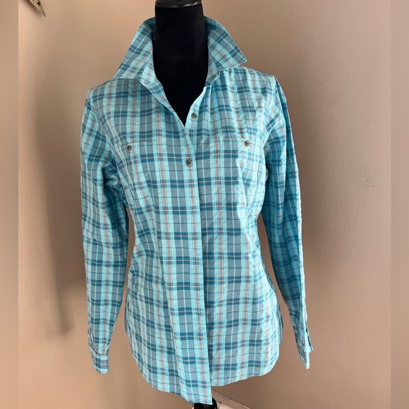 Eddie Bauer Teal and Red Plaid Long Sleeve Collar Buttoned Down Shirt Large - Picture 13 of 13